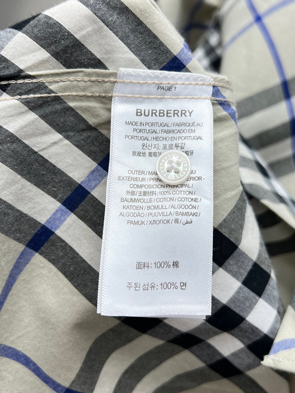 Burberry inner neck size label on checkered long-sleeve shirt
