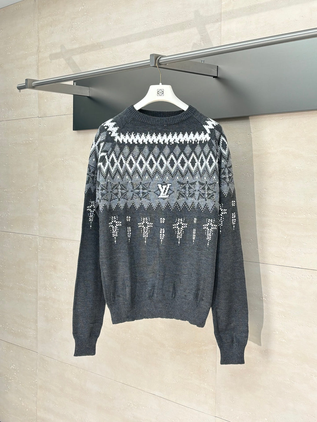 Long-sleeve knit sweater in dark gray with white fair isle pattern and LV motif