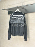 Long-sleeve knit sweater in dark gray with white fair isle pattern and LV motif