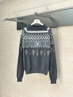 Long-sleeve knit sweater in dark gray with white fair isle pattern and LV motif