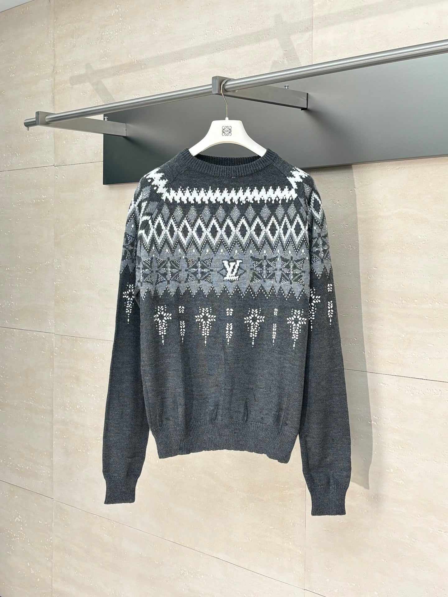 Long-sleeve knit sweater in dark gray with white fair isle pattern and LV motif