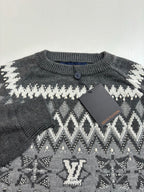Knit sweater neckline with button placket; dark gray with white pattern and LV detail
