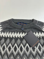 Dark gray knit sweater collar with button; white fair isle pattern, Louis Vuitton tag