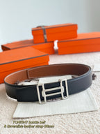 Dark leather reversible belt with silver double-buckle and 38mm strap