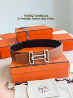 Tan leather belt with silver double-buckle and 38mm strap