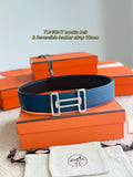 Hermes reversible leather belt in blue with silver-tone double-prong buckle