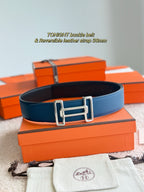 Hermes reversible leather belt in blue with silver-tone double-prong buckle
