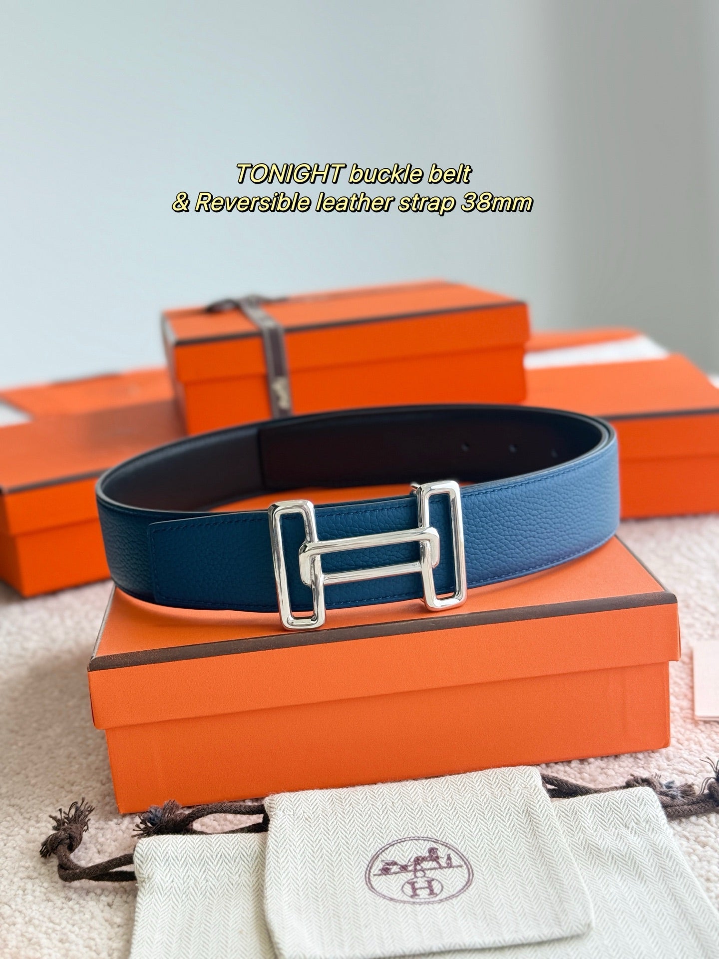 Hermes reversible leather belt in blue with silver-tone double-prong buckle