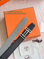 Hermes reversible leather belt, light gray and dark navy straps with silver buckle hardware