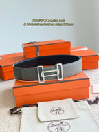 Hermes reversible leather belt, dark gray strap with silver rectangular buckle and keeper