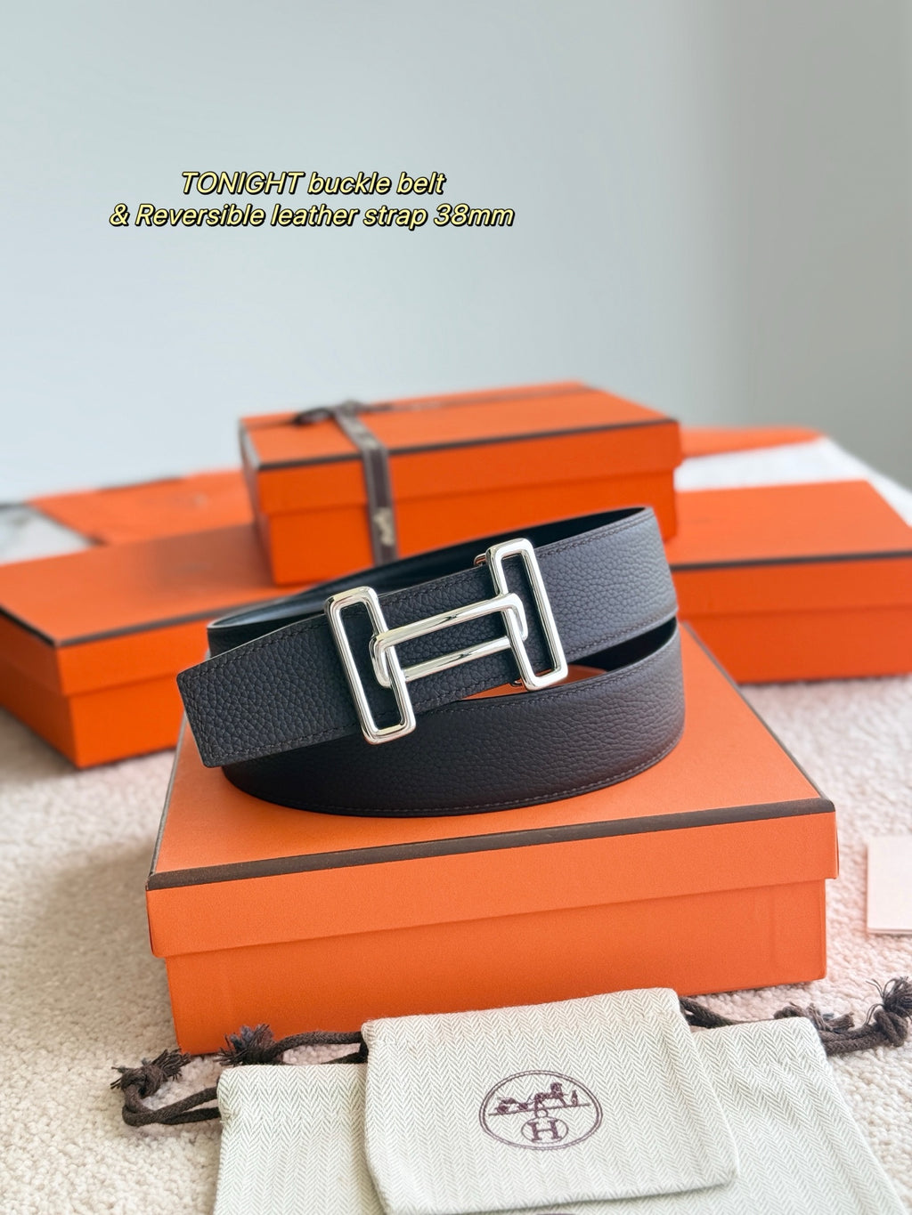 Hermes dark leather buckle belt with silver-tone double bar buckle