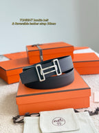 Hermes dark leather buckle belt with silver-tone double bar buckle