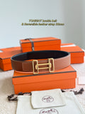 Reversible leather belt with gold-tone double buckle, brown outer and dark strap
