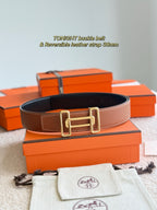 Reversible leather belt with gold-tone double buckle, brown outer and dark strap