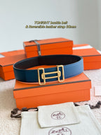 Navy leather belt with gold-tone double buckle