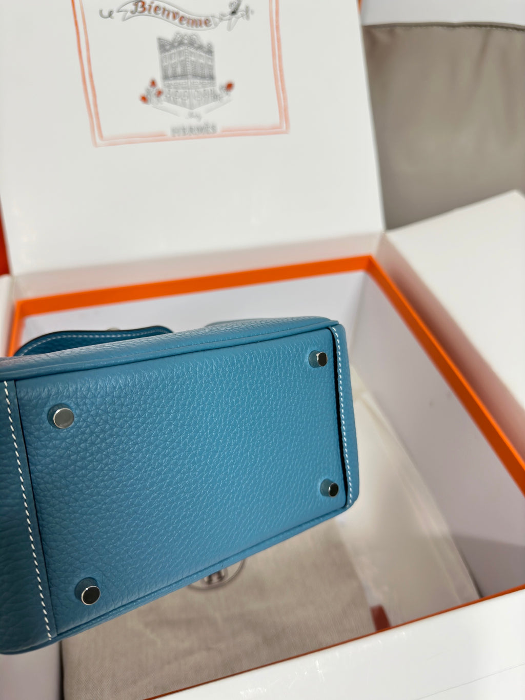Blue leather mini handbag back panel with snap studs; corner eyelets visible.