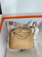 Hermes beige leather mini bag with flap, silver hardware, top handle and shoulder strap