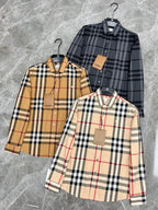 Plaid button-up shirts set: yellow and navy check, and gray and navy check, front views