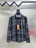 Plaid button-up shirt with dark and light gray check pattern, front view, long sleeves