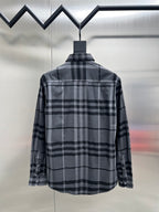 Plaid button-up shirt with dark and light gray check pattern, back view, long sleeves