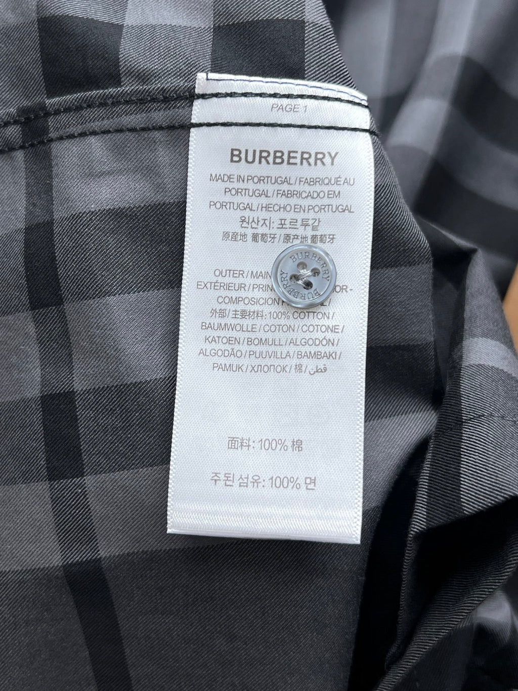 Burberry plaid shirt care label inside collar