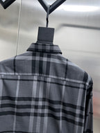 Plaid long-sleeve button-up shirt with stand collar, dark gray checks