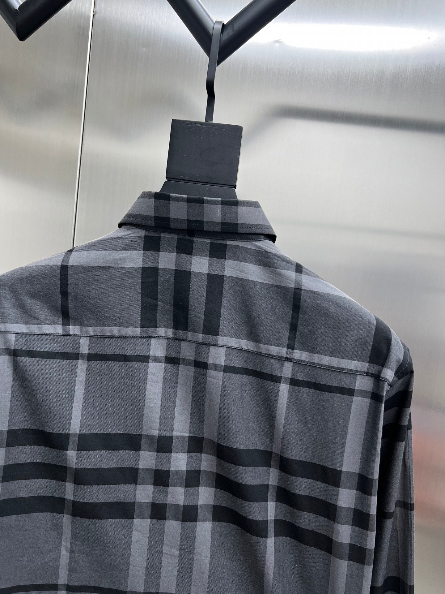 Plaid long-sleeve button-up shirt with stand collar, dark gray checks