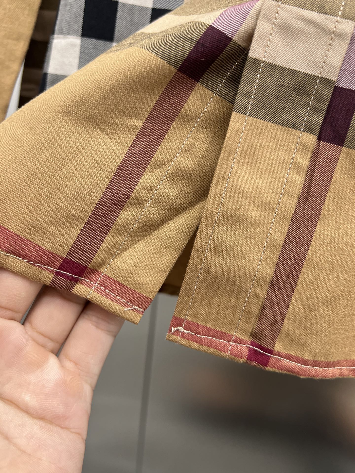 Burberry plaid long-sleeve shirt sleeve cuff with stitched hem and multicolor stripe