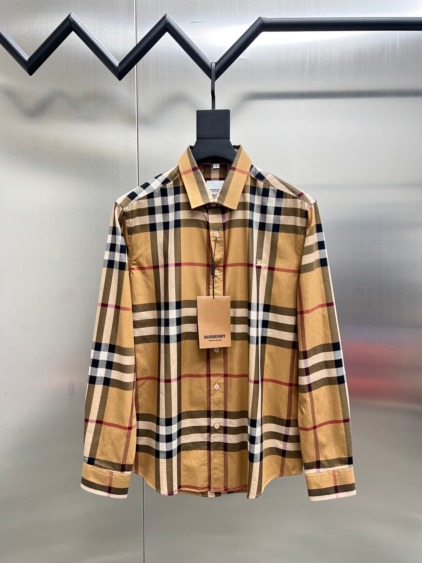 Burberry long-sleeve plaid button-up shirt, beige with navy and red check