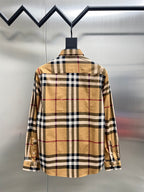 Burberry long-sleeve plaid button-up shirt, back view in beige, navy, and red