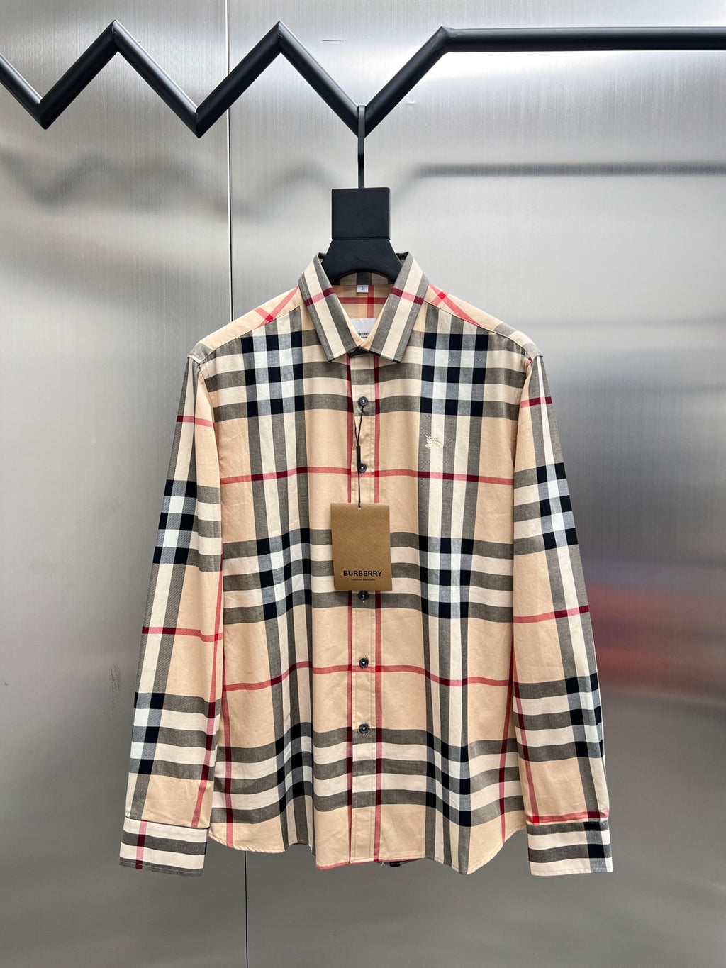 Burberry long-sleeve plaid shirt, beige navy red, button-front and collar