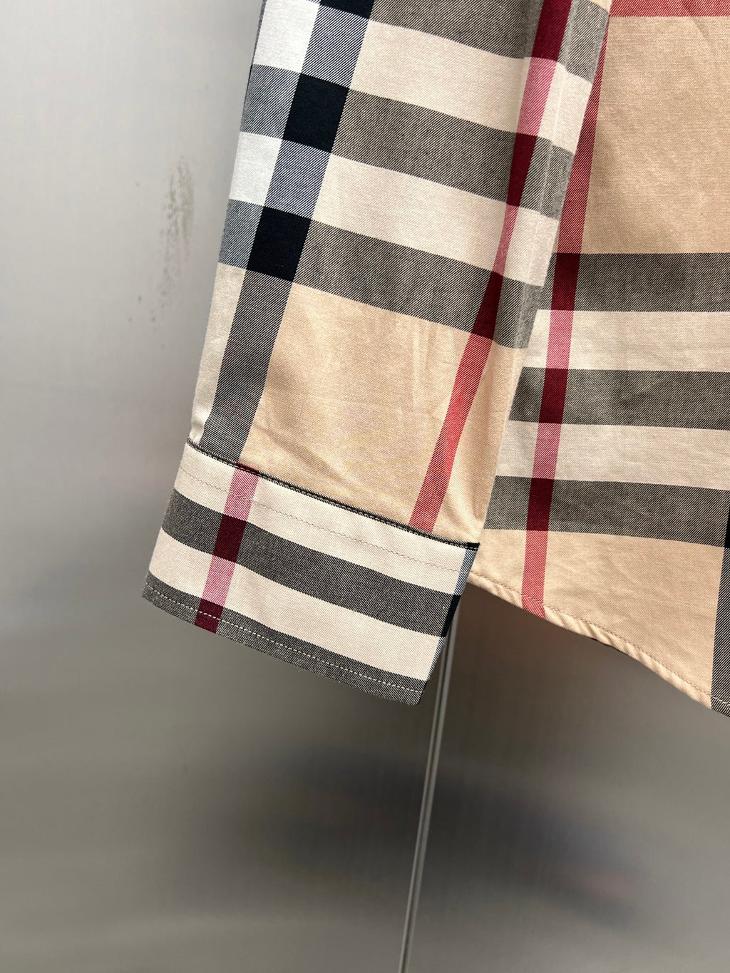 Burberry plaid long-sleeve shirt hem and cuff, beige navy red check