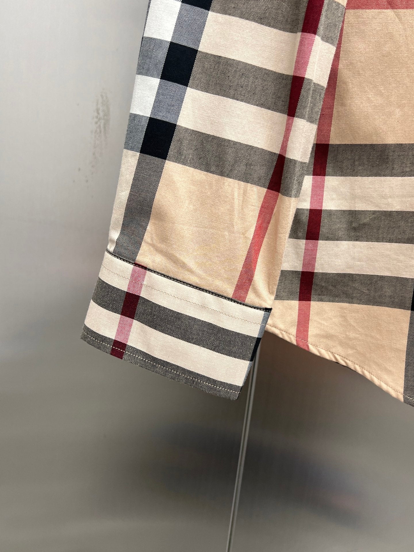 Burberry plaid long-sleeve shirt hem and cuff, beige navy red check