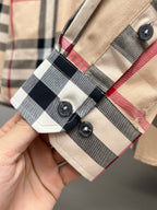 Long plaid shirt cuff with two buttons, beige with navy and red/white checks