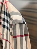 Burberry plaid long-sleeve shirt cuff, beige with navy check and red stripes
