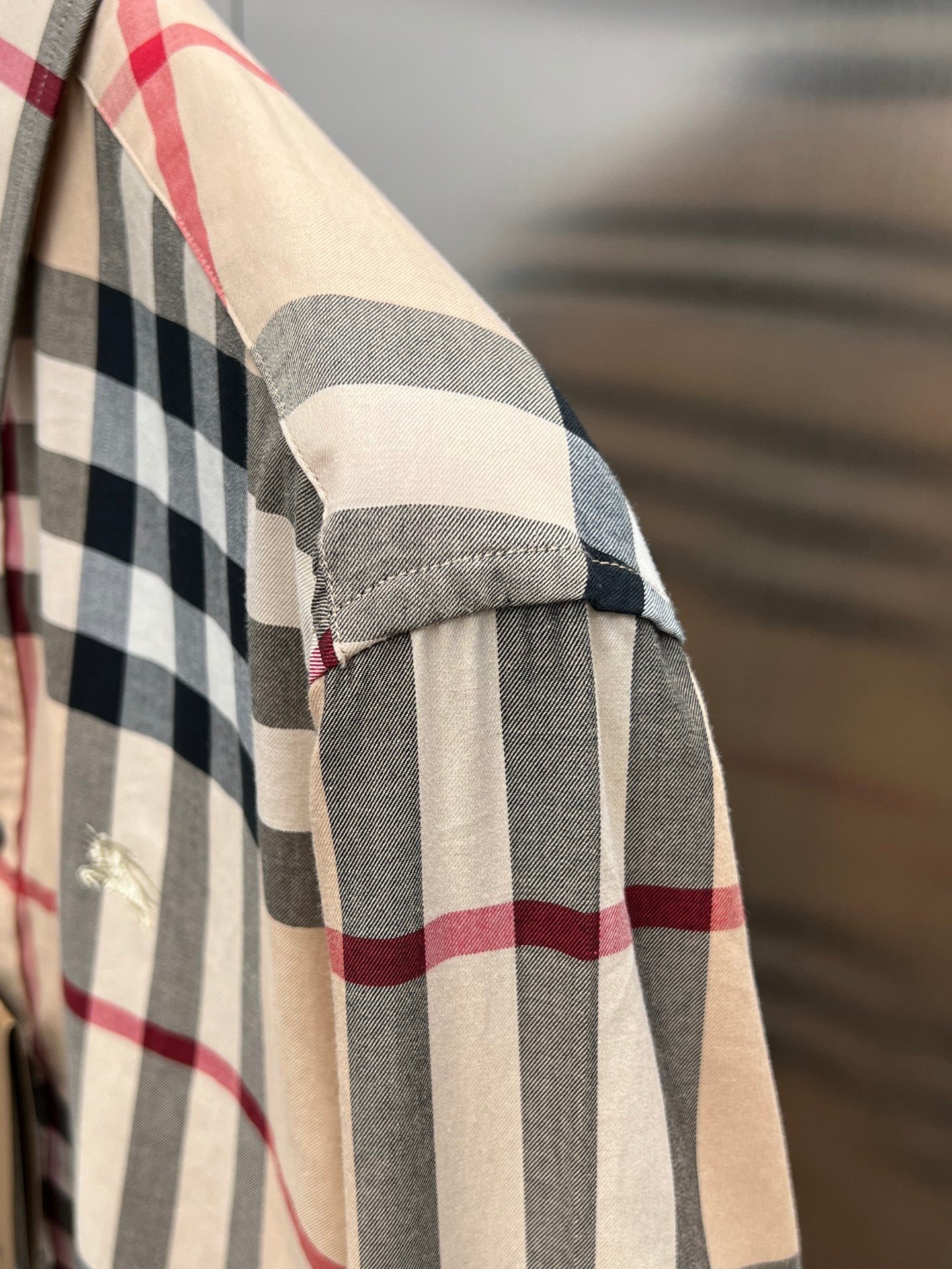 Burberry plaid long-sleeve shirt cuff, beige with navy check and red stripes