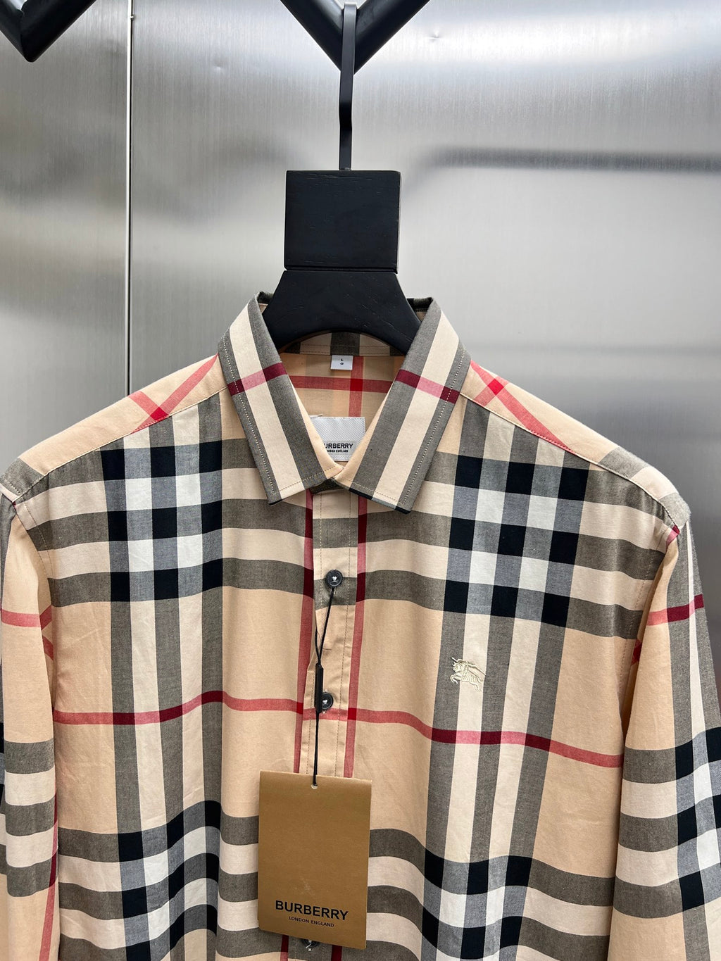 Burberry plaid long-sleeve shirt, beige and navy with red lines, button-front