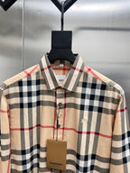 Burberry plaid long-sleeve shirt, beige and navy with red lines, button-front