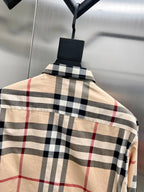 Plaid long-sleeve shirt back with hanging tag, beige and black/red checks