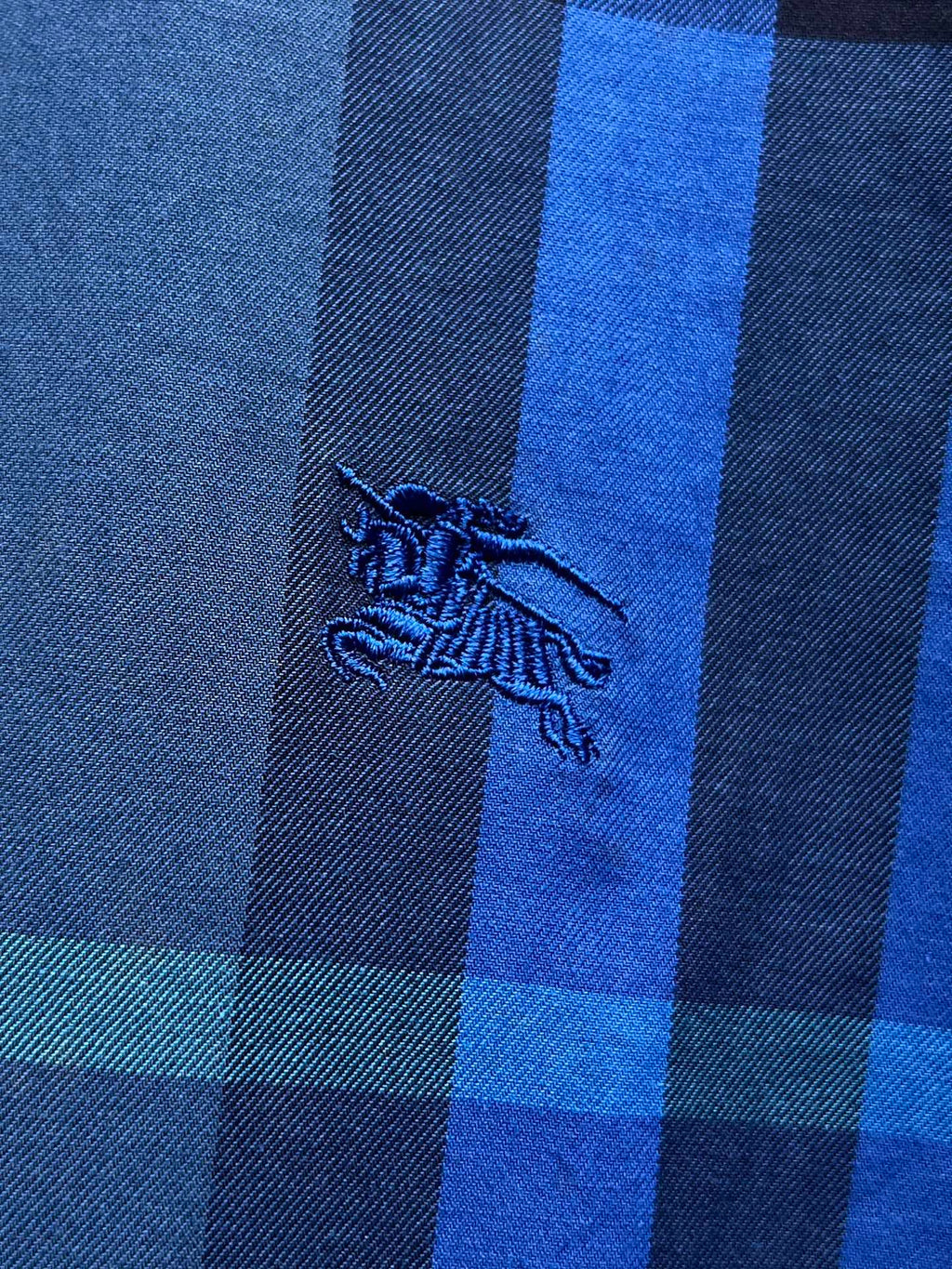 Burberry long-sleeve check shirt logo embroidery, blue plaid fabric
