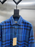 Burberry long-sleeve check shirt, blue plaid collar and button placket