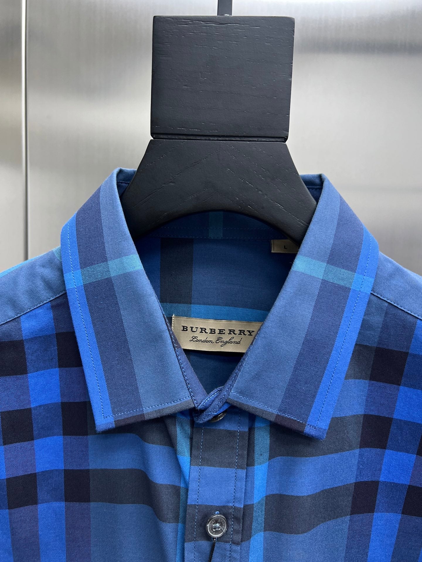 Burberry long-sleeve check shirt with brand hang tag, blue plaid