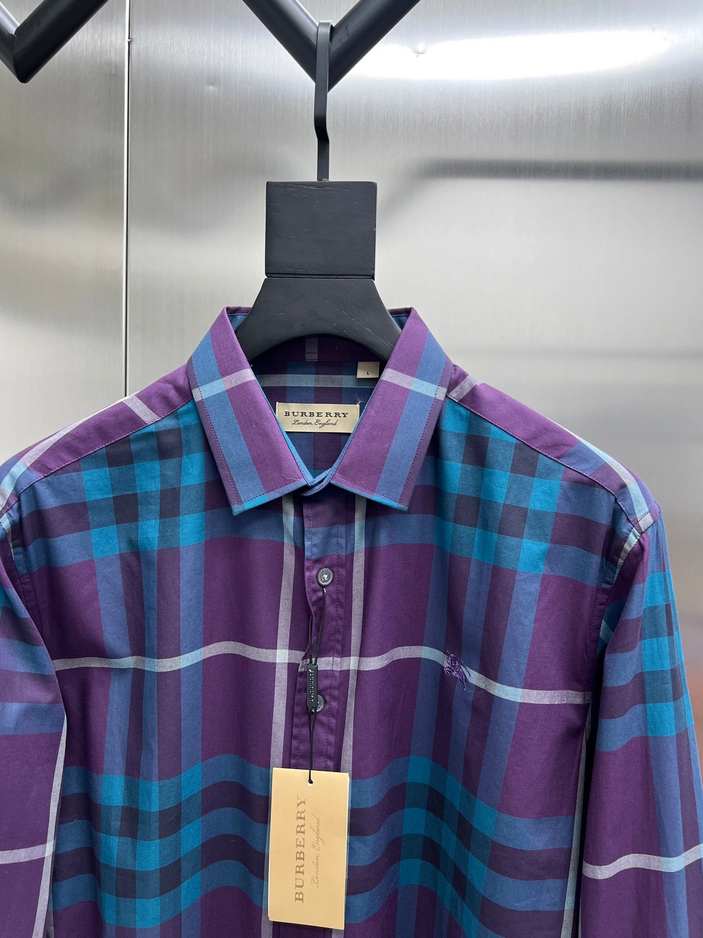 Burberry plaid button-up shirt with pointed collar, purple and blue