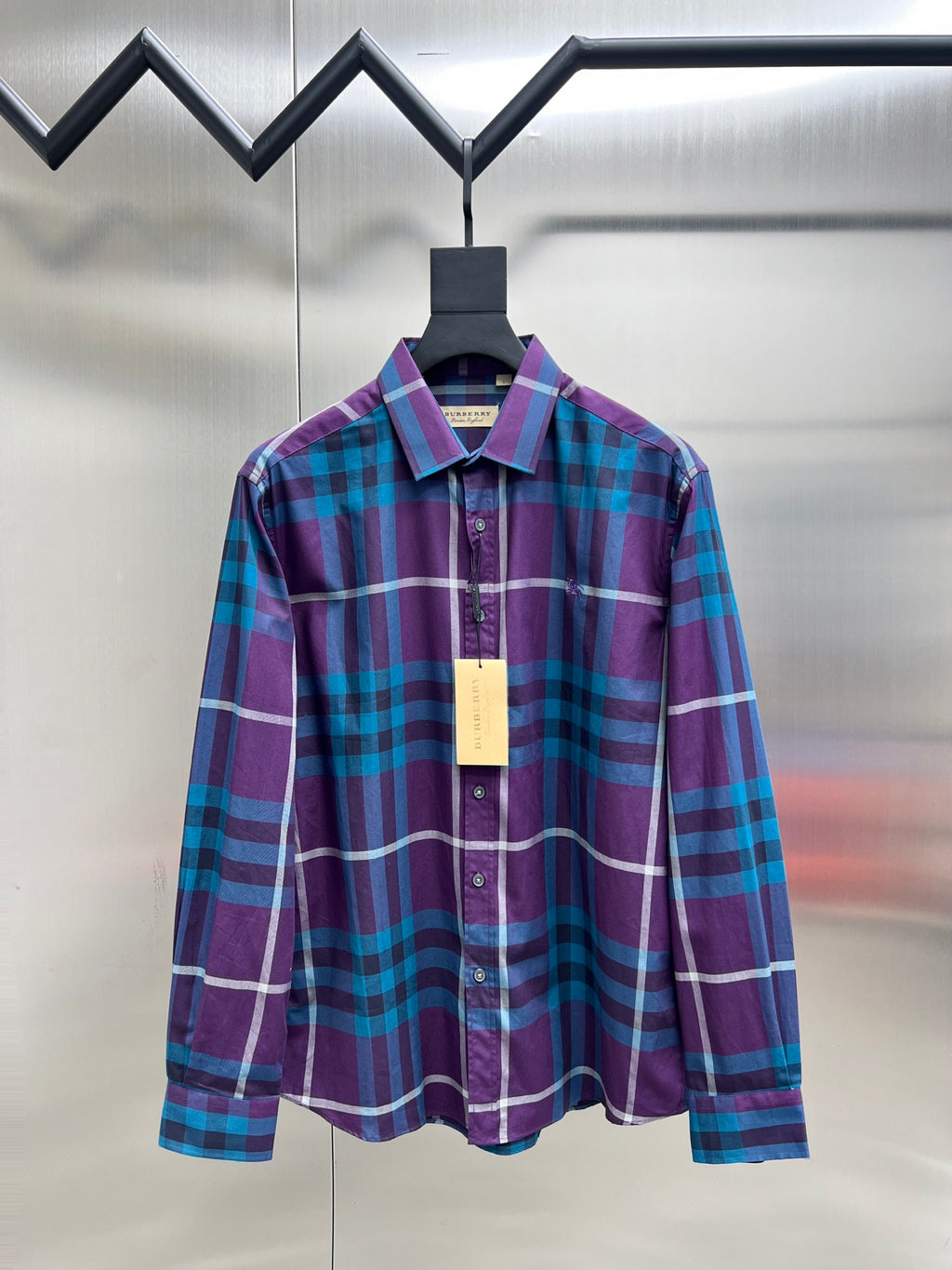Long-sleeve Burberry plaid button-up shirt, purple and blue, with hanging tag