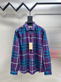 Long-sleeve Burberry plaid button-up shirt, purple and blue, with hanging tag