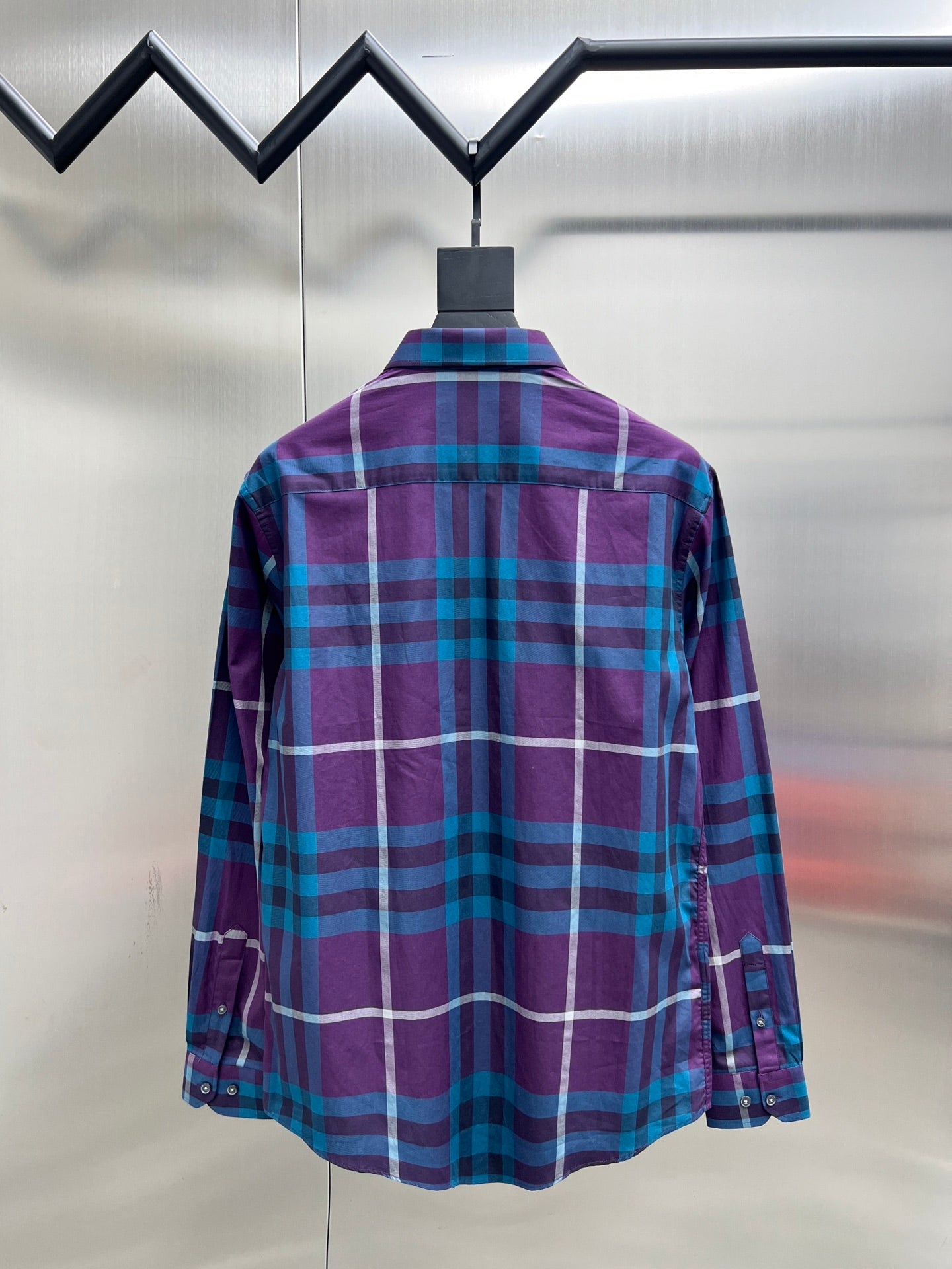 Long-sleeve Burberry plaid button-up shirt, purple and blue, back view