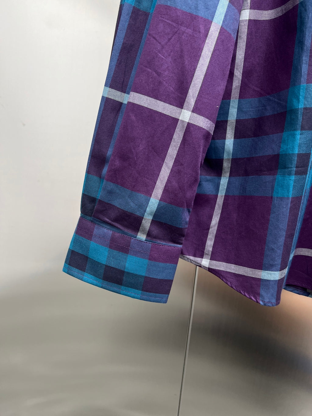 Burberry plaid shirt cuff and hem, purple and blue check