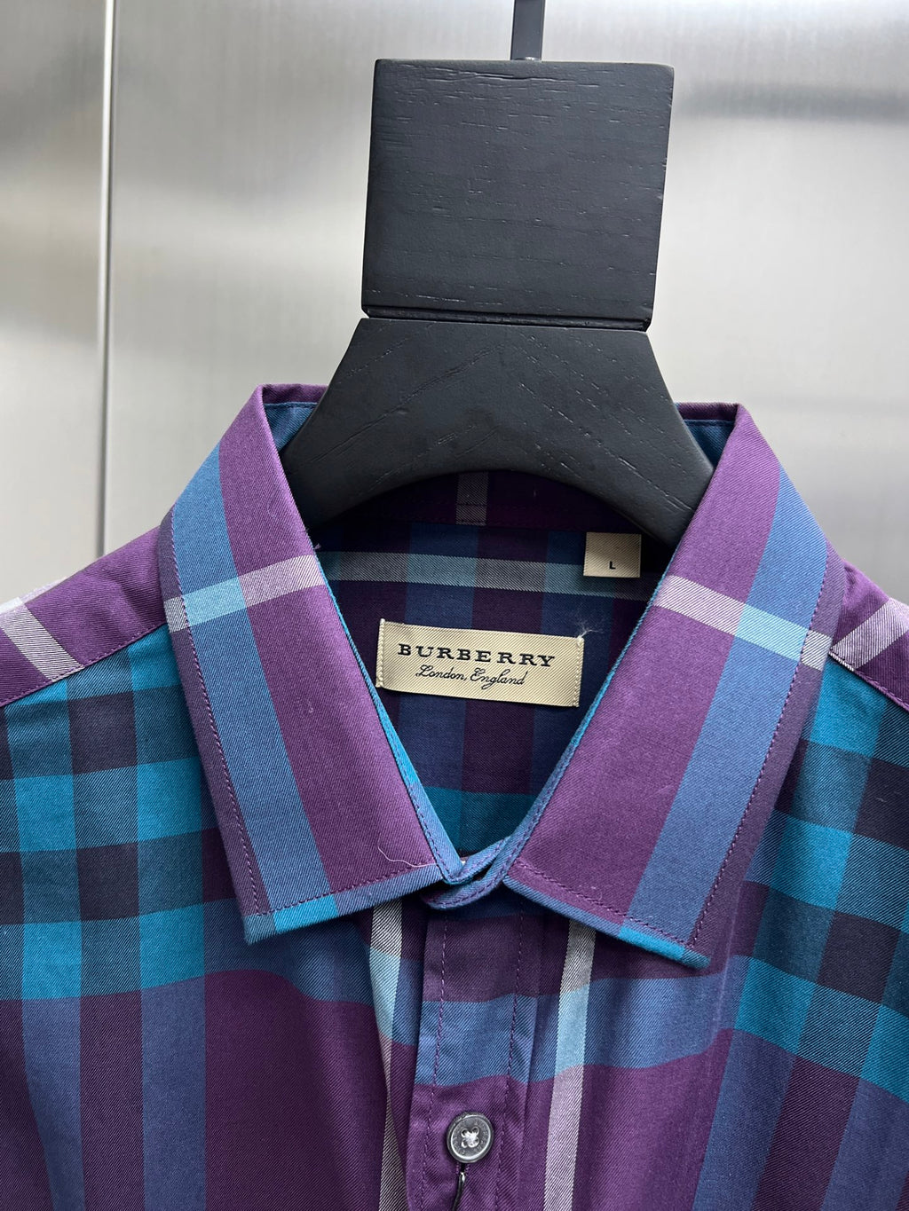 Burberry plaid button-up shirt collar and logo label, purple and blue