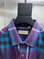 Burberry plaid button-up shirt collar and logo label, purple and blue