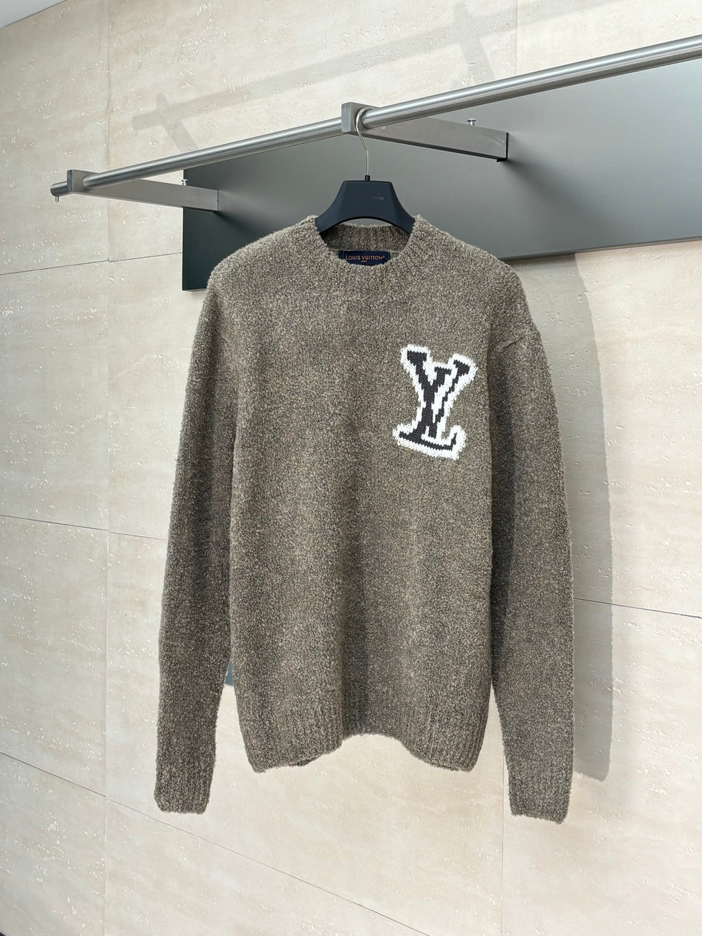 Gray knit sweater with LV monogram patch, crew neck long sleeves
